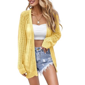 Women Crochet Lightweight Summer Cardigans Cover Up Open Front Long Sleeve - 1 of 4