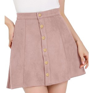 INSPIRE CHIC Women's Faux Suede Button Front A-Line High Waisted Mini Short Skirt - 1 of 4