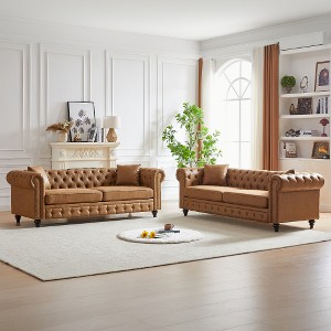 XIYUYEU Chesterfield Sofa with Rolled Arms, 3 Seats + 3 Seats Combo Sofa with Button Design and 4 Cushions, Vintage Couches for Living Room, Brown - 1 of 4