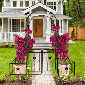 ACEPANO 86.6 in. H Outdoor Climbing Plants Support Metal Garden Rose Arch with Gate-Black - 1 of 4