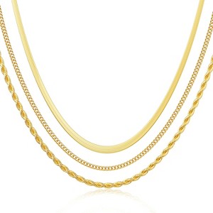 Gold Herringbone Choker Necklace for Women, 14K Gold Plated Layered Snake Chain 3Pcs Gold Necklace Set (Herringbone+Cuban+Rope) - 1 of 4