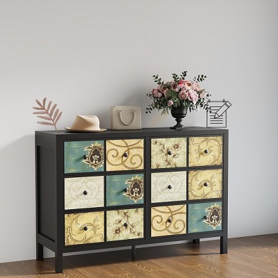 Jojoka Wooden 6 Drawer Dresser, Retro Floral Pattern Chest of Drawers for Bedroom, Entryway, Living Room, Hallway, Multicolor