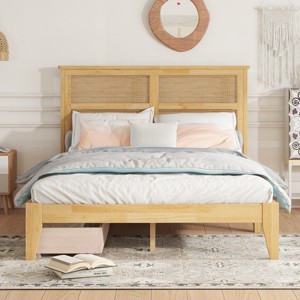 Platform Bed King Frame With Rattan Headboard, Platform Bed Storage With 2 Drawers, Wood Bed With Enhanced Support Salts And Feet-Cuddlewood - 1 of 4