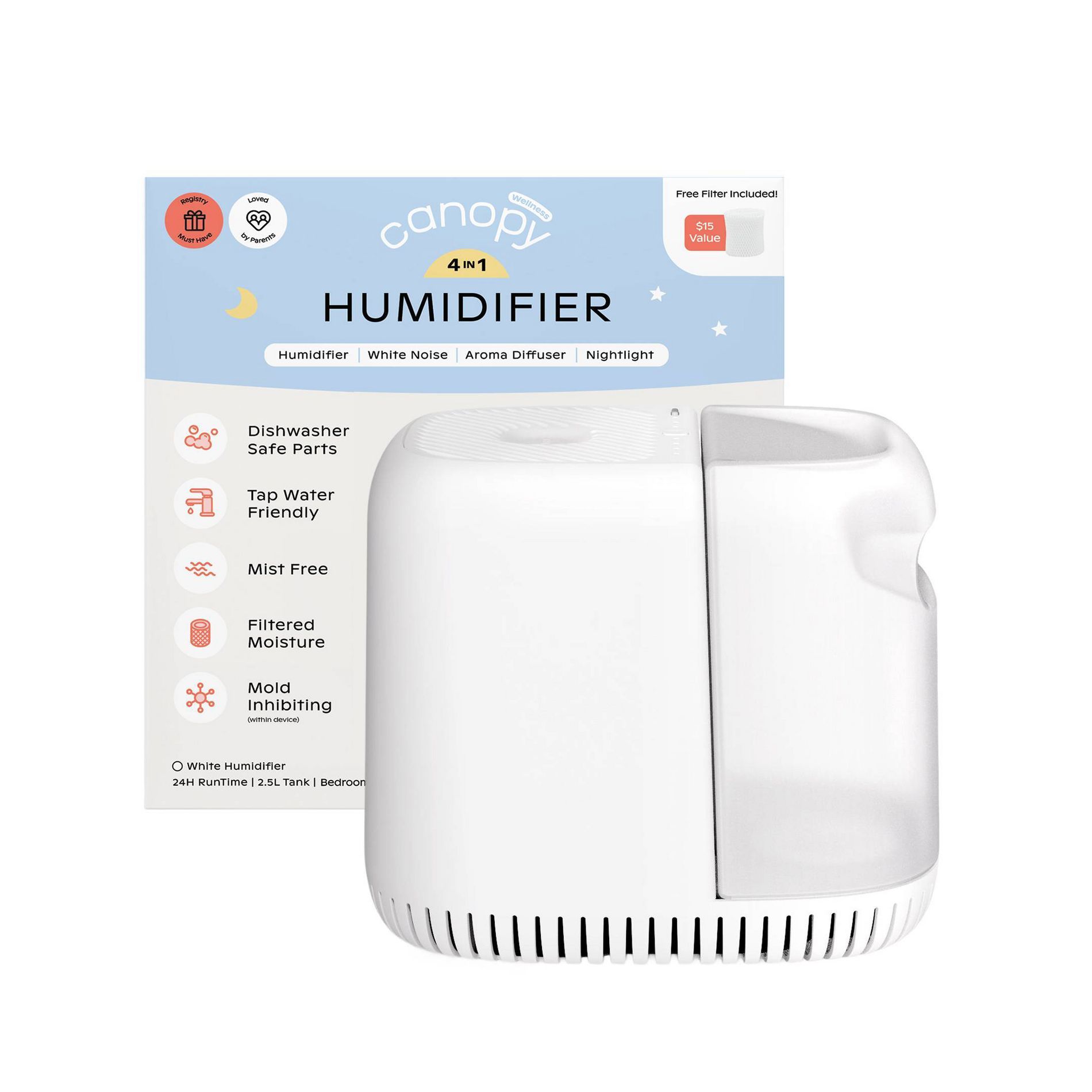 Canopy Mist Free Evaporative 4 in 1 Humidifier with Settings, Optional Night Light, White Noise Machine & Aroma Diffusion, 2.5ltr - White