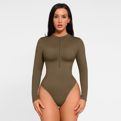 Feelingirl Women's Zipper Up Deep V Neck Bodysuits for Women Long Sleeve Shapewear Bodysuit