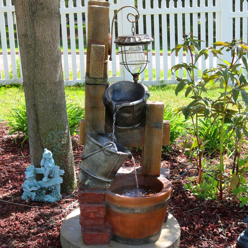 Sunnydaze 34"H Electric Polyresin Rustic Pouring Buckets Outdoor Water Fountain with Solar Lantern, 3 of 10