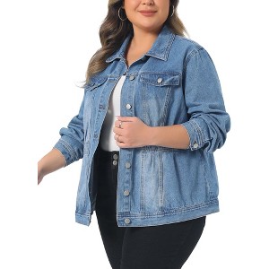 Women's Plus Size Classic Denim Washed Front Long Sleeve Casual Jean Jackets - Agnes Orinda - 1 of 4