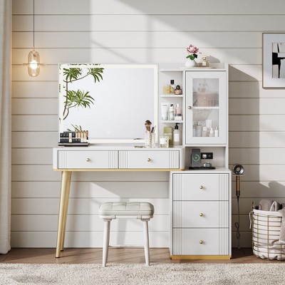 Makeup Vanity Desk with Mirror, Adjustable 3-Color LED and Charging Outlet