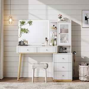 Makeup Vanity Desk with Mirror, Adjustable 3-Color LED and Charging Outlet - 1 of 4
