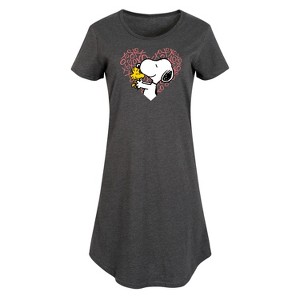 Women's Peanuts Snoopy Woodstock Xo Heart Graphic T-shirt Dress - Heather Charcoal - X-Large - 1 of 4