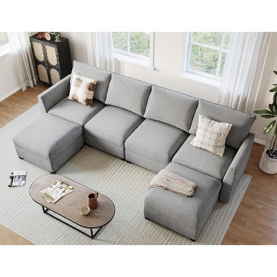 112'' Sectional Sofa with Storage Seats,6 Seat Convertible U Shaped Sofa with Large Reversible Chaise, Linen Fabric Modular Sofa