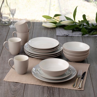 White and Sand Ceramic 16-Piece Dinnerware Set, Service for 4
