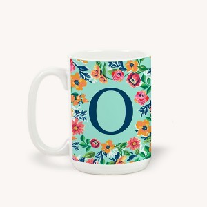 Personalization Mall Flowery Initial Coffee Mug, 15 Oz., Blue Aqua - 1 of 1