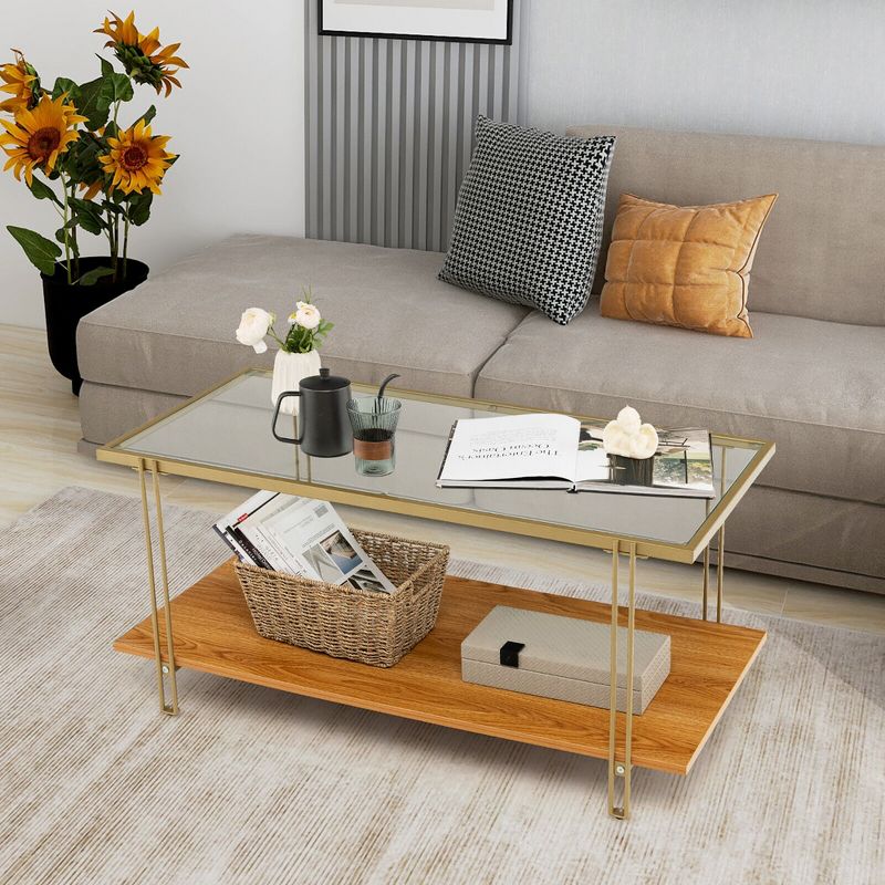 Tangkula Coffee Table Rectangle Glass Top w/ Storage Shelf & Gold Steel Frame Living Room, 2 of 11