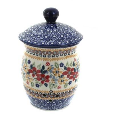 Blue Rose Polish Pottery Red Daisy Garlic Keeper