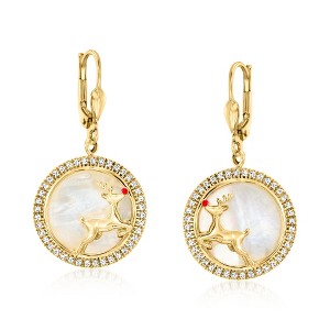 Ross-Simons Mother-Of-Pearl and .80 ct. t.w. White Zircon Reindeer Drop Earrings With Red Enamel in 18kt Gold Over Sterling - 1 of 3