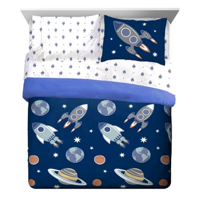 Outer Space Organic Cotton Queen Bed Set with Rocket Ships