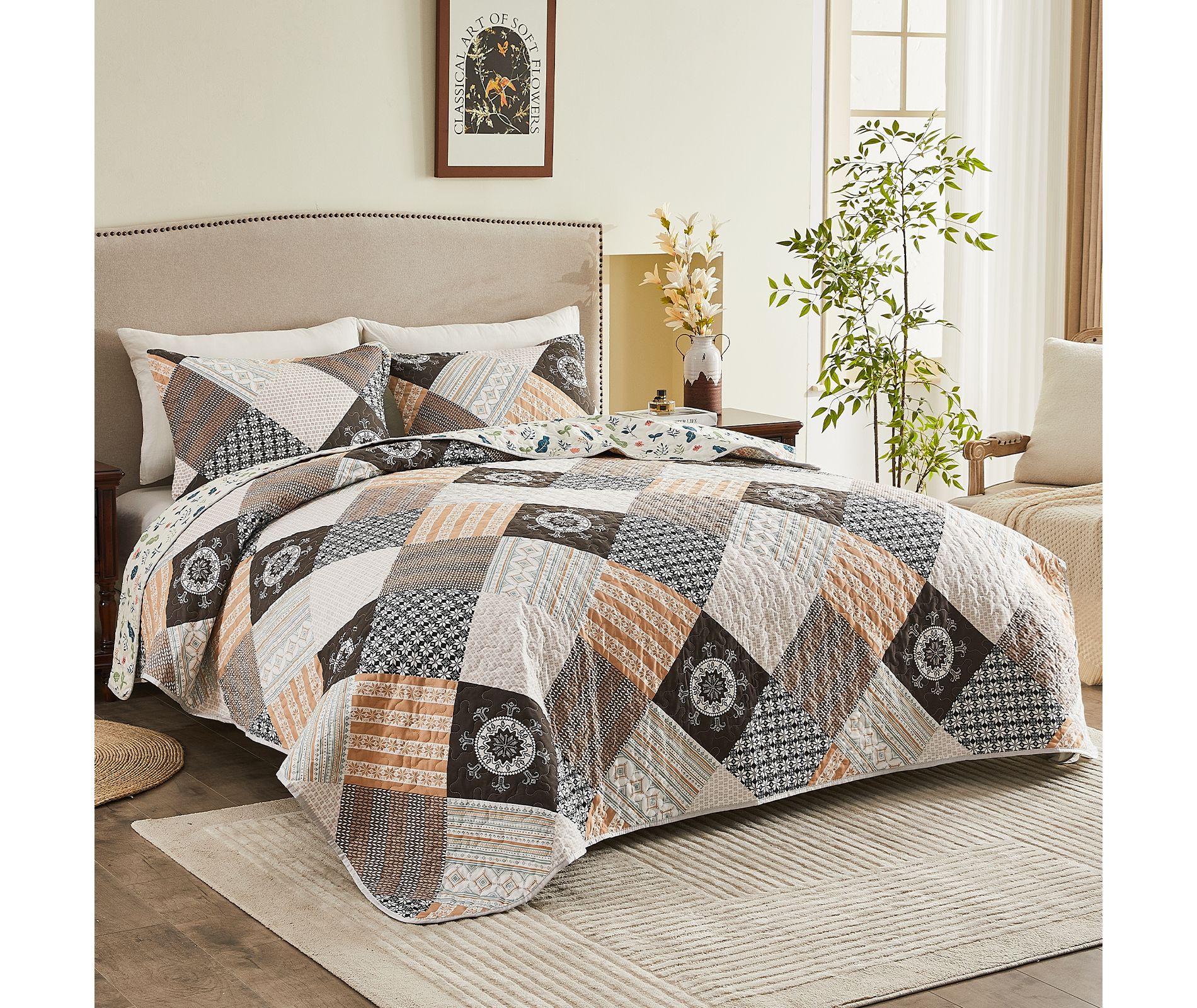 Inhand Microfiber Print Quilt Bedding Set, Flower print Soft Lightweight Coverlet For All Season