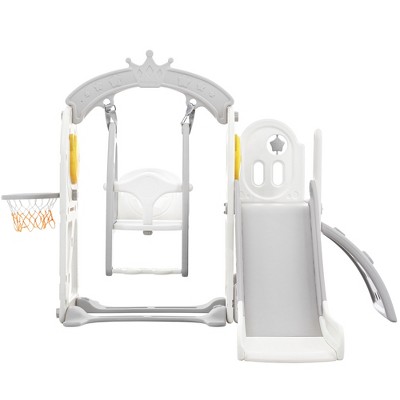 Toddler Slide and Swing Set 5 in 1,Kids Playground Climber Slide Playset with Basketball Hoop Freestanding Combination for Babies Indoor Outdoor Grey