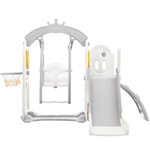 Toddler Slide and Swing Set 5 in 1,Kids Playground Climber Slide Playset with Basketball Hoop Freestanding Combination for Babies Indoor Outdoor Grey - 1 of 4