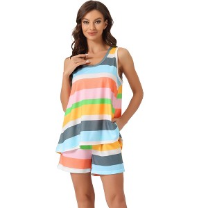 cheibear Women's Rainbow Stripe Tank Tops with Shorts Pajama Sets with Pockets - 1 of 4