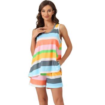 cheibear Women's Rainbow Stripe Tank Tops with Shorts Pajama Sets with Pockets