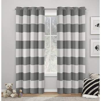 Exclusive Home Sateen Rugby Striped Kids Twill Woven Room Darkening Blackout Grommet Top Curtain Panel Pair