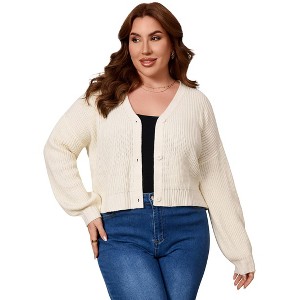Clearlove Women's Plus Size Chunky Knit Open Front Sweater Long Sleeve Button Loose Short Cardigan Outerwear - 1 of 4