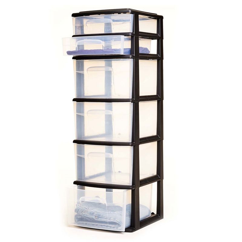 Homz Plastic 6 Clear Drawer Medium Home Storage Container Tower with 4 Large Drawers and 2 Small Drawers, Black Frame (2 Pack), 3 of 7