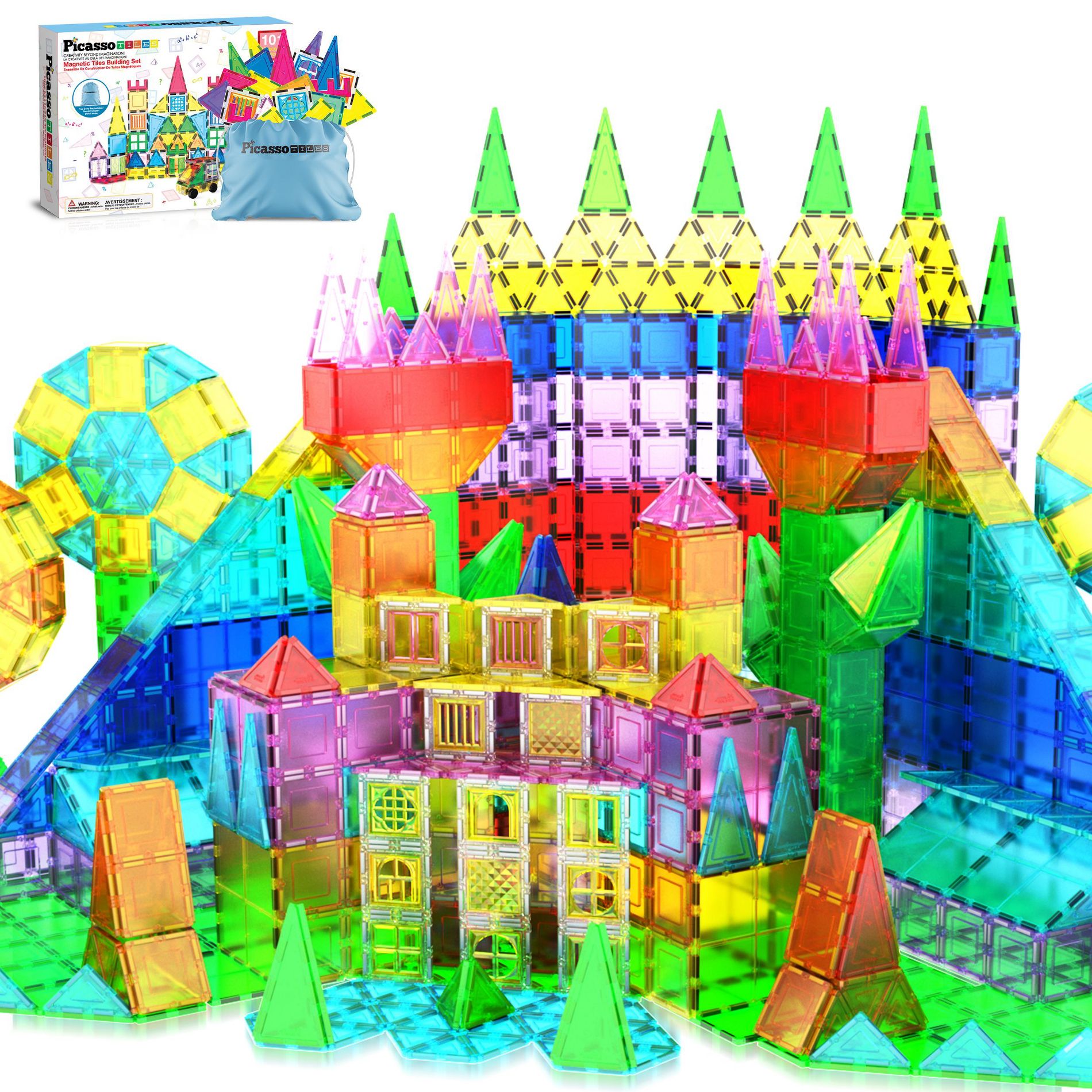 PICASSO-TILES Magnetic Tiles For Kids with Tote Bag, 101PCS Construction STEM Building Blocks Educational Toy