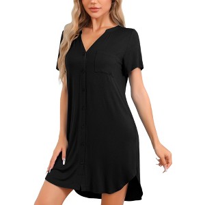 cheibear Women's V-Neck Front Button Down Short Sleeve Nightgowns - 1 of 4