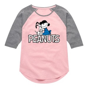 Girls' - Peanuts - Snoopy And Lucy Shirt Tail Raglan Graphic T-shirt - 1 of 4