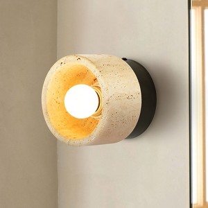 Rennnsan Glywen 4" W Hardwired 1 - Light Drum Yellow Travertine Stone Modern Organic Dimmable Semi Flush Mount Wall Sconce in Black - 1 of 4