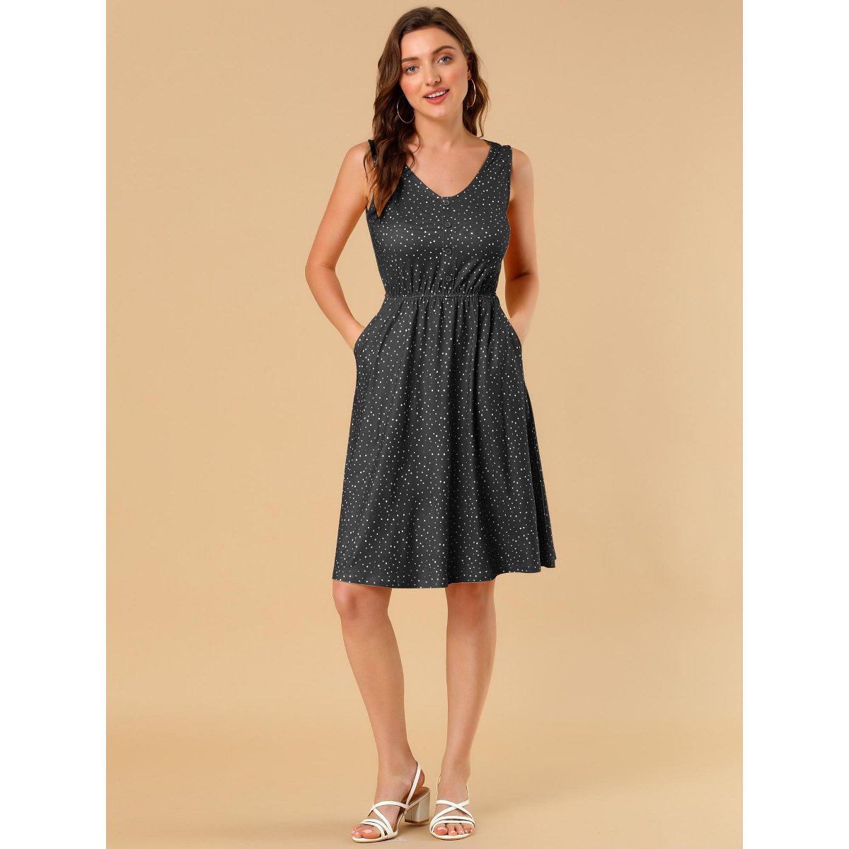 Женские платья INSPIRE CHIC Women's Midi Polka Dots V-Neck Tie Drawstring Waist Sleeveless Dress Black Small — фото 3
