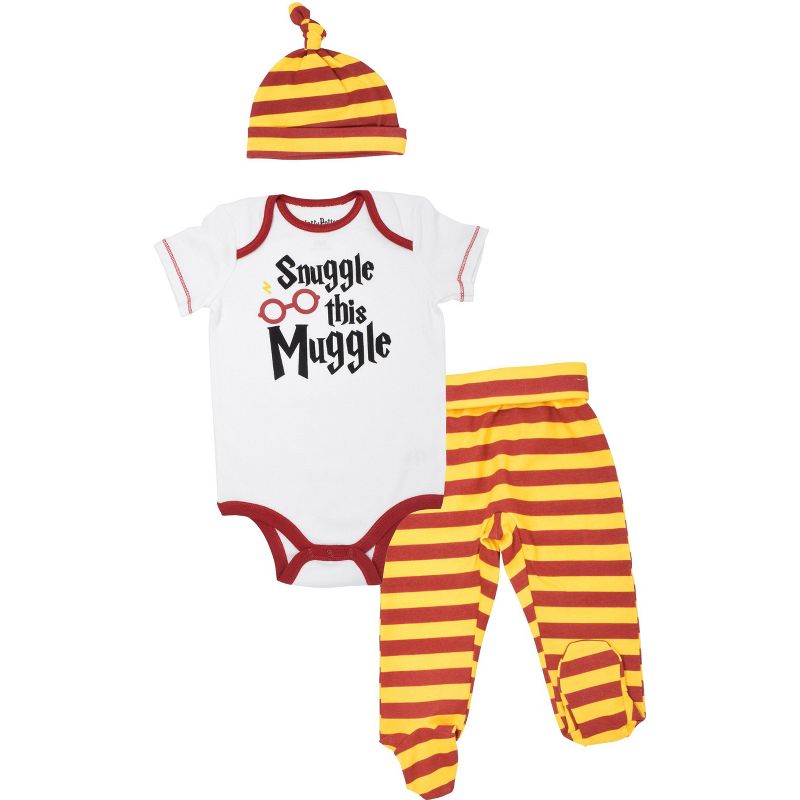 Harry Potter Baby Bodysuit Pants and Hat 3 Piece Outfit Set Newborn to Infant, 1 of 9