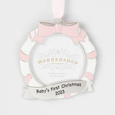 Image of Metal 'Baby's First Christmas 2023' Picture Frame Ornament Silver/Pink - Wondershop™