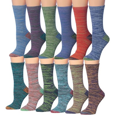 Tipi Toe Women's 12 Pack Vintage Space Dye Colors Patterned Lightweight Crew Socks, Size Medium