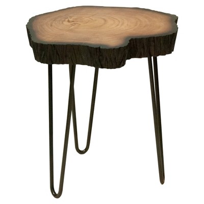 17.5" Live Edge Solid Wood End Table with Metal Hairpin Legs Brown - The Urban Port