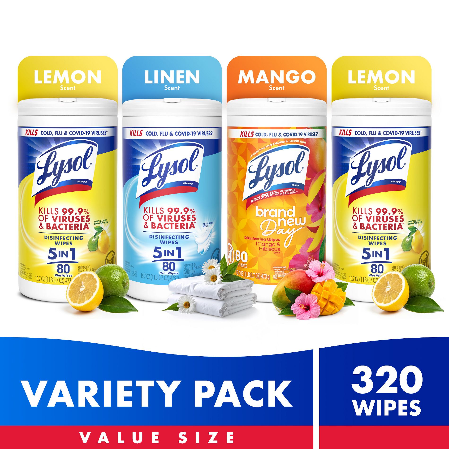 Lysol All-Purpose Cleaner & Disinfectant Wipes - 80ct/4pk: Lemon Lime Scent, Multipurpose, Plastic Canister