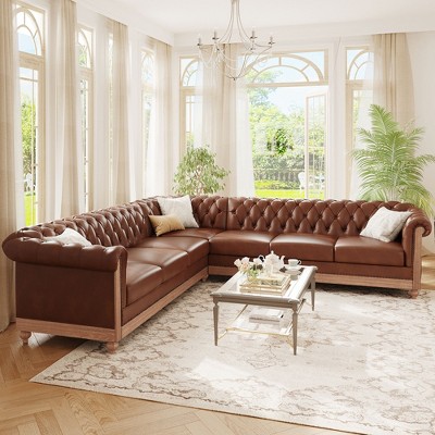 Large 104'' Retro Style PU Leather Corner Sectional Sofa with Tufted Backrest and Solid Birch Legs