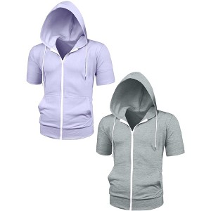 Lars Amadeus Men's Full Zip Regular Fit Solid Short Sleeves Hoodies Sweatshirt 2 Packs - 1 of 4