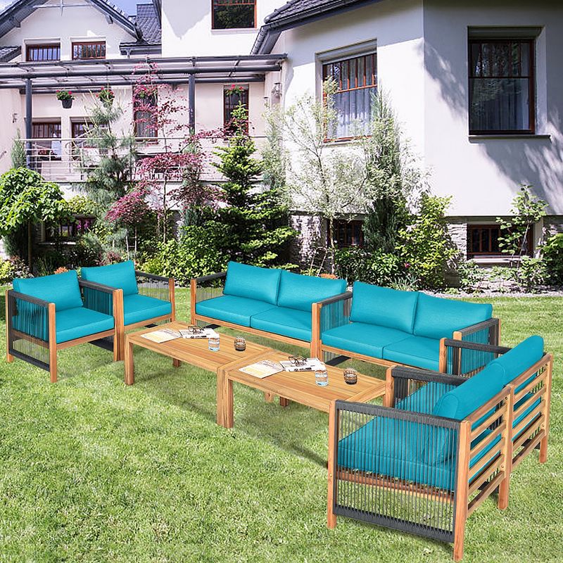 Costway 8PCS Wooden Patio Furniture Set Cushioned Sofa W/Rope Armrest White\Turquoise\Red, 1 of 11