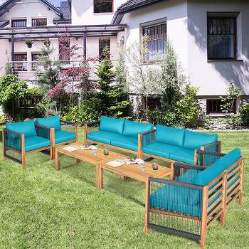 Costway 8PCS Wooden Patio Furniture Set Cushioned Sofa W/Rope Armrest White\Turquoise\Red