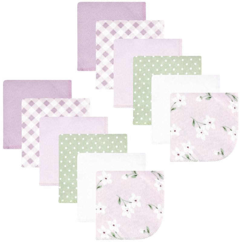 Hudson Baby Infant Girl Flannel Cotton Washcloths, Purple Dainty Floral 12 Pack, One Size, 1 of 9