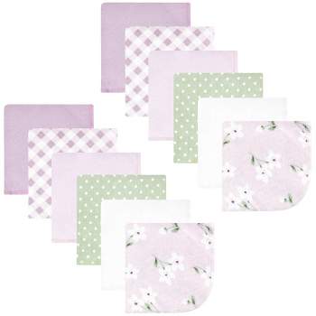 Hudson Baby Infant Girl Flannel Cotton Washcloths, Purple Dainty Floral 12 Pack, One Size