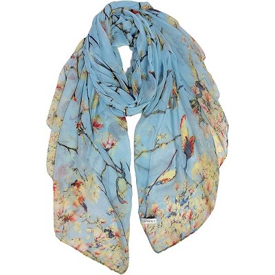 Fisfet Scarfs for Women Lightweight Floral Birds Print Cotton Scarves and Wraps for Summer Shawl