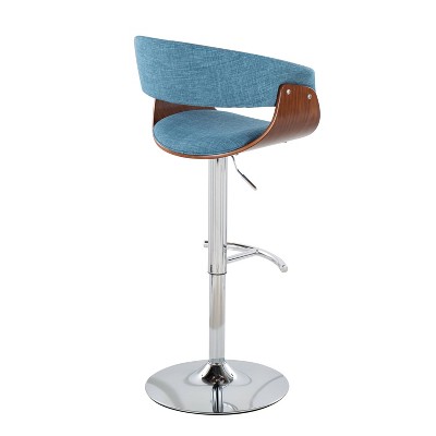 Set of 2 Blue Adjustable Swivel Bar Stools with Walnut Wood and Chrome Base