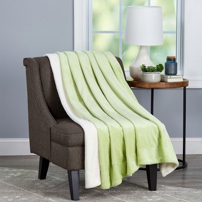 Poly Fleece Sherpa - Oversized Plush Woven Polyester Sherpa Fleece Solid Color Throw - Breathable by Hastings Home (Aloe Green and White)