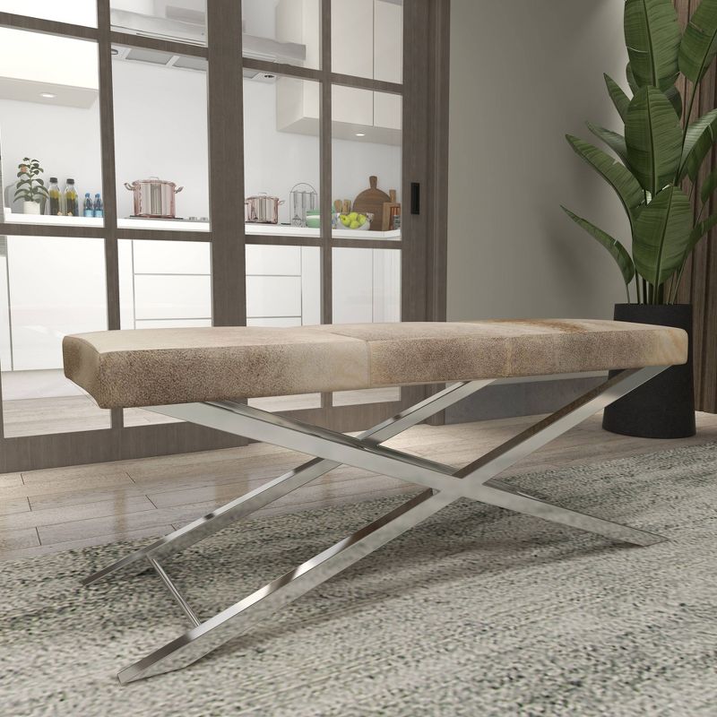 Contemporary Stainless Steel Cowhide X-Bench Beige - Olivia &#38; May, 6 of 26
