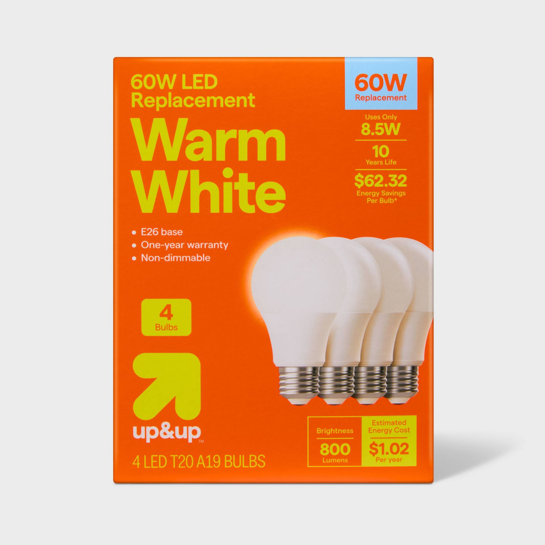4pk 60W Plastic T20 Lightbulb Warm White - up&up™